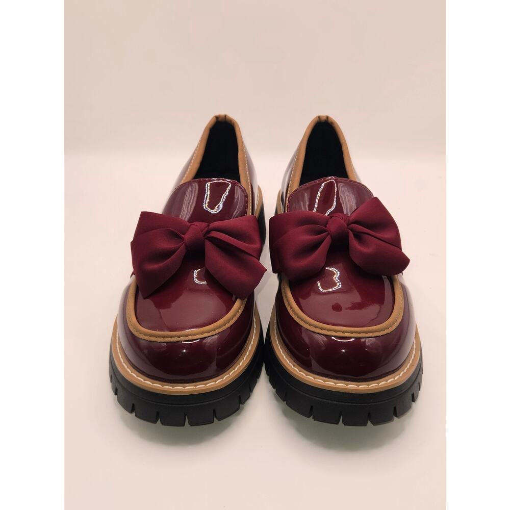 Women's Patent Leather Bow Loafers Burgundy Chunky Lug Sole EU 41 US 10 New - Picture 2 of 6